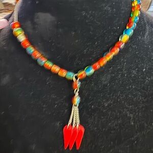 Colorful Beaded Necklace with Red Accents
